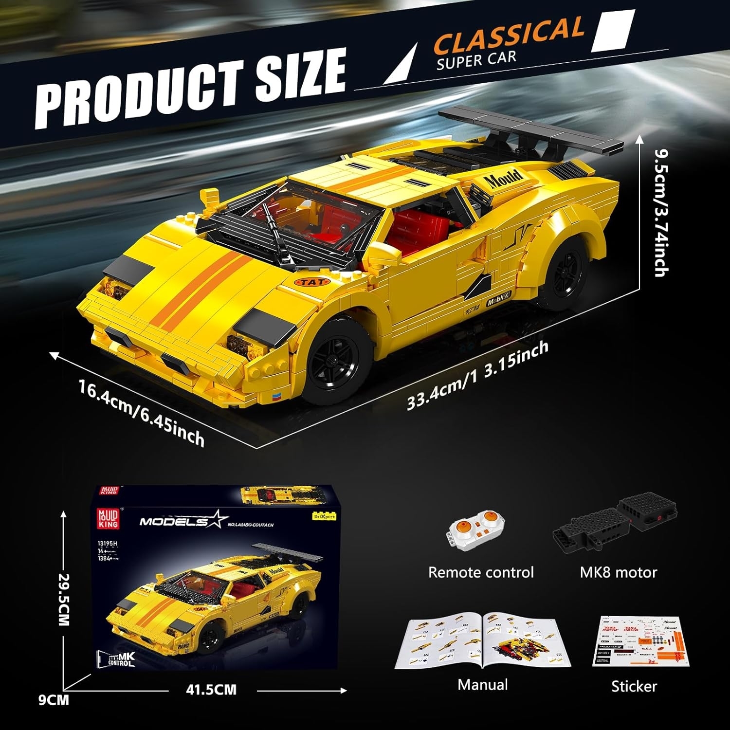 Mould King 13195 RC Sportwagen Lambo-Coutach gelb